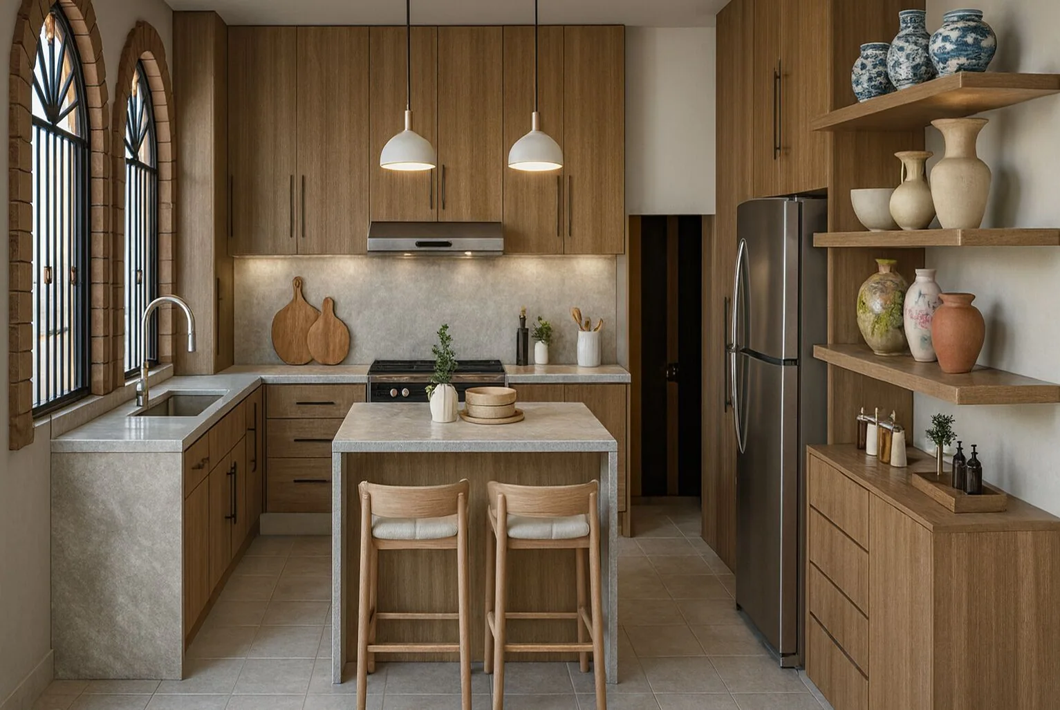 Visualización 3D de cocina con madera natural y arcos
